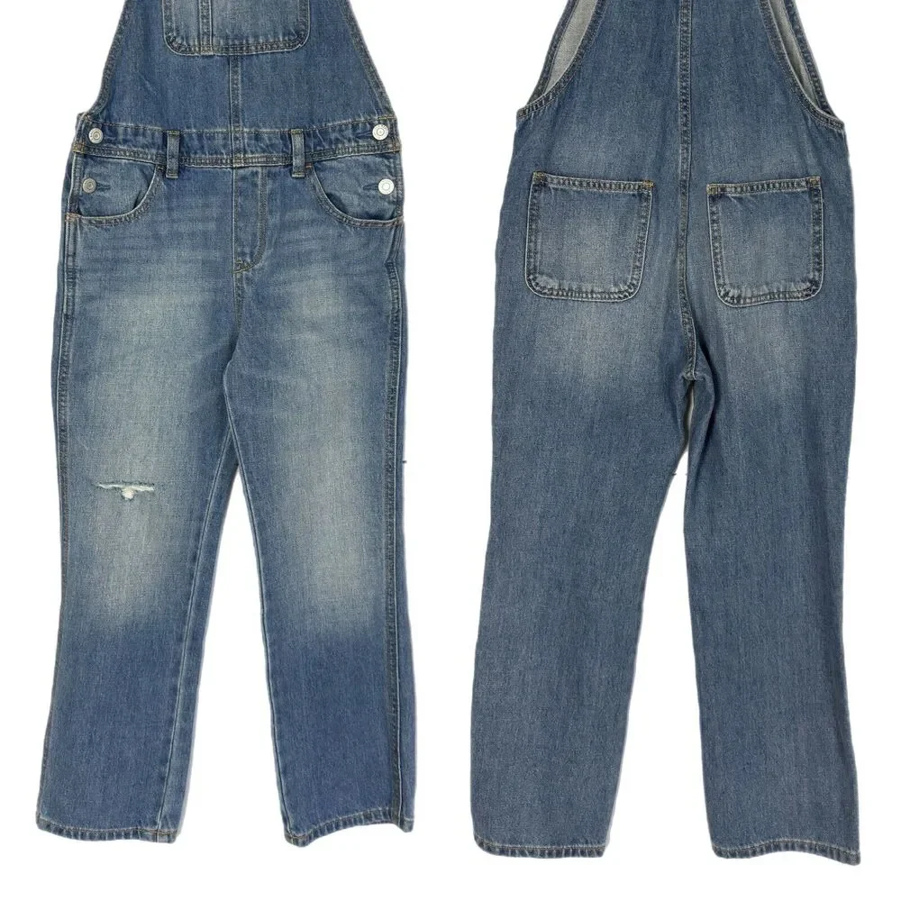 Old Navy Denim Bib Overalls Girls M 8 Distressed Straight Leg Casual